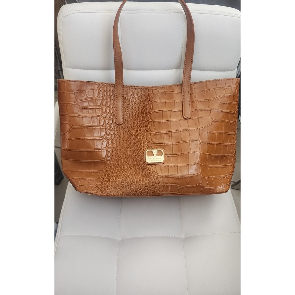 Valentina Tradizione Italiana Brown Croc Embossed Leather Tote Bag Made in Italy